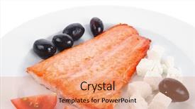  Presentation with salmon fish - PPT layouts with red salmon fish big fillet chunk roast and served on plate with greek white cheese black olives and tomatoes isolated over white background background and a coral colored foreground
