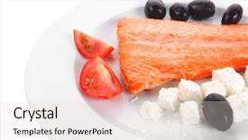 Presentation with salmon fish - Presentation design having red salmon fish big fillet chunk roast and served on plate with greek white cheese black olives and tomatoes isolated over white background background and a lemonade colored foreground
