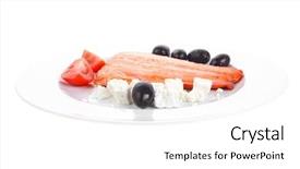  Presentation with salmon fish - Beautiful PPT layouts featuring red salmon fish big fillet chunk roast and served on plate with greek white cheese black olives and tomatoes isolated over white background backdrop and a white colored foreground