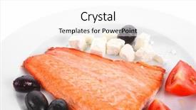  Presentation with salmon fish - Audience pleasing theme consisting of red salmon fish big fillet chunk roast and served on plate with greek white cheese black olives and tomatoes isolated over white background backdrop and a white colored foreground