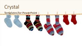  Presentation with hanging rope pictures white - Audience pleasing presentation design consisting of four pairs of isolated handmade wool socks hanging on a rope backdrop and a cream colored foreground