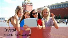  Presentation with russia - Slide set enhanced with red square - four beautiful young girls are background and a red colored foreground