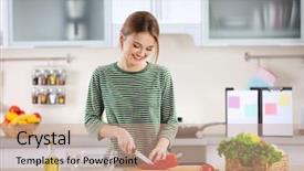  Presentation with salad - Amazing presentation design having red stripe - young woman cutting vegetables backdrop and a coral colored foreground