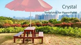  Presentation with garden city - Slide set consisting of red sunshade in the park background and a cool aqua colored foreground