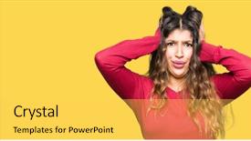  Presentation with woman hands open - Slide set featuring red sweater crazy and scare background and a  colored foreground