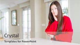  Presentation with asian - PPT theme featuring red sweater on white table background and a light gray colored foreground