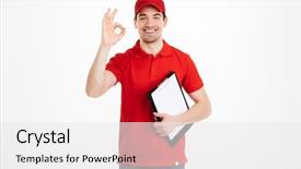  Presentation with optimistic - Audience pleasing PPT layouts consisting of red t-shirt and cap backdrop and a white colored foreground
