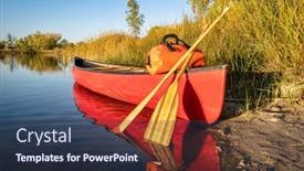  Presentation with fall lake - Colorful presentation theme enhanced with waterproofing - red tandem canoe with wooden backdrop and a tawny brown colored foreground