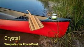  Presentation with dusk - Slide set with red tandem canoe with a wooden paddle and a lantern on a lake shore at dusk background and a tawny brown colored foreground
