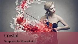  Presentation with violin concert and muscic conductor - Presentation design featuring red tear drops - blonde woman playing violin background and a violet colored foreground