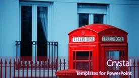  Presentation with red telephone - Presentation consisting of red telephone booth and mail box in street in london as the famous icons background and a tawny brown colored foreground