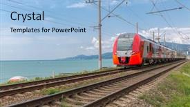  Presentation with electric train goes by rail - Cool new slide set with red train rides on rails backdrop and a light blue colored foreground