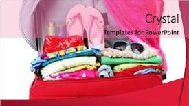  Presentation with personal belongings - Amazing slides having red travel suitcase with personal belongings isolated on white backdrop and a coral colored foreground