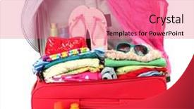  Presentation with personal belongings - Cool new theme with red travel suitcase with personal belongings isolated on white backdrop and a coral colored foreground