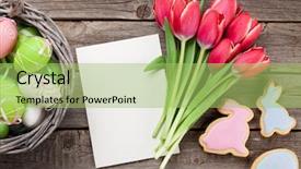  Presentation with greeting card - Slide set having red tulip flowers bouquet eggs background and a mint green colored foreground