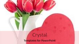  Presentation with heart flowers - Presentation design having red tulip flowers bouquet in cup and heart gift box valentine's day greeting card isolated on white background background and a coral colored foreground