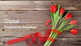  Presentation with valentines day - Beautiful presentation featuring red tulips and candy hearts over wooden table valentines day background top view with copy space backdrop and a coral colored foreground