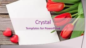  Presentation with greeting card - Presentation theme enhanced with red tulips blank greeting card and candy hearts over wooden table valentines day background top view with copy space background and a lemonade colored foreground