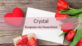  Presentation with greeting card - Audience pleasing presentation theme consisting of red tulips gift box and valentine's day greeting card top view with copy space backdrop and a lemonade colored foreground