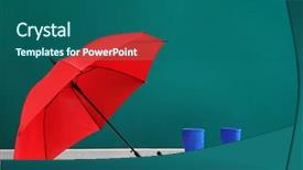 Presentation with boot camp boots - PPT theme having red umbrella and rubber boots background and a ocean colored foreground