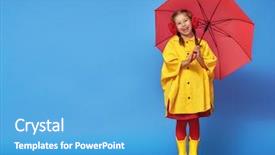  Presentation with red blue yellow - Presentation with red umbrella posing on blue background and a teal colored foreground