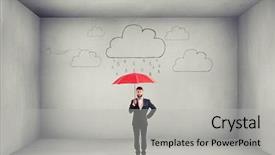  Presentation with rain clouds - Audience pleasing slide deck consisting of red umbrella under graphic clouds backdrop and a light gray colored foreground
