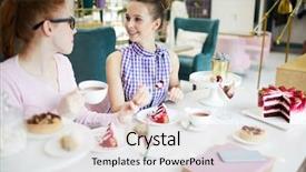  Presentation with eating - PPT layouts consisting of red velvet cup cake - cheerful pretty young women eating background and a  colored foreground