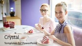  Presentation with smiling kids at summer camp - Presentation theme having red velvet cup cake - smiling young women looking background and a  colored foreground
