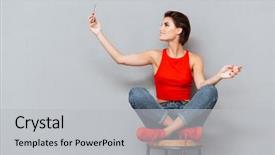  Presentation with director in the making - Slide deck consisting of red video - smiling young woman making selfie background and a light gray colored foreground