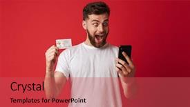  Presentation with man holding phone - Cool new presentation theme with red wall background holding mobile backdrop and a red colored foreground