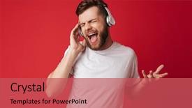  Presentation with old wite man and his music - PPT theme consisting of red wall background listening music background and a red colored foreground