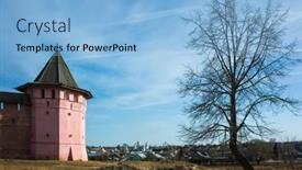  Presentation with tower - Presentation design enhanced with red-wall-observation-tower background and a light blue colored foreground