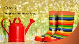 Presentation with new season - Audience pleasing presentation consisting of red-watering-can-and-boots backdrop and a yellow colored foreground