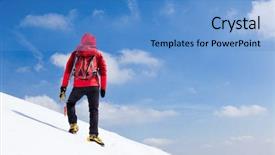  Presentation with speed walking - Colorful presentation theme enhanced with red white blue mountain climber - mountaineer walking uphill along backdrop and a  colored foreground