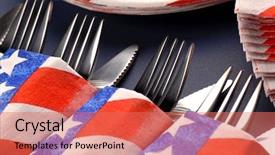  Presentation with 4th july - Slide deck with red white blue patriotic - several knives and forks background and a coral colored foreground