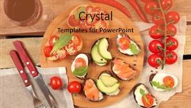  Presentation with snacks - PPT theme featuring red wine and snacks on wooden table background and a coral colored foreground