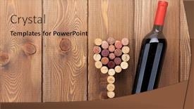  Presentation with bottle red wine - Slides consisting of red wine bottle and glass shaped corks over rustic wooden table background with copy space background and a coral colored foreground