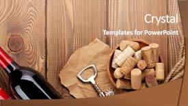  Presentation with corkscrew - Slide deck enhanced with red wine bottle bowl with corks and corkscrew view from above over rustic wooden table background background and a coral colored foreground