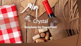  Presentation with corkscrew - Colorful slide set enhanced with red wine bottle bowl with corks and corkscrew view from above over rustic wooden table background backdrop and a tawny brown colored foreground