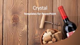  Presentation with corkscrew - Colorful presentation theme enhanced with red wine bottle bowl with corks and corkscrew view from above over rustic wooden table background with copy space backdrop and a coral colored foreground