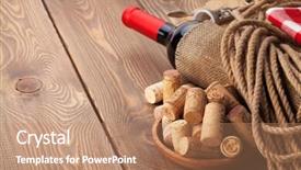  Presentation with corkscrew - Presentation design consisting of red wine bottle corks and corkscrew over wooden table background with copy space background and a coral colored foreground