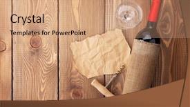  Presentation with corkscrew - Audience pleasing presentation design consisting of red wine bottle glass and corkscrew on wooden table background top view with copy space backdrop and a coral colored foreground