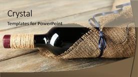  Presentation with bottle red wine - Audience pleasing theme consisting of red wine bottle wrapped in burlap cloth on wooden planks background backdrop and a soft green colored foreground