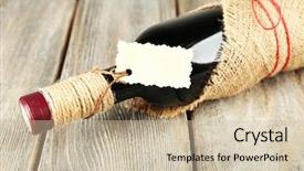  Presentation with bottle red wine - Beautiful theme featuring red wine bottle wrapped in burlap cloth on wooden planks background backdrop and a soft green colored foreground