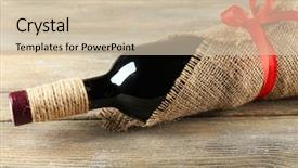  Presentation with bottle red wine - Cool new slide set with red wine bottle wrapped in burlap cloth on wooden planks background backdrop and a soft green colored foreground