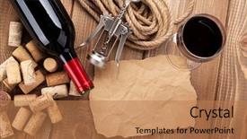  Presentation with corkscrew - PPT layouts featuring red wine corks corkscrew and piece of paper for copy space on wooden table background background and a coral colored foreground