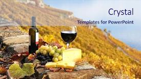  Presentation with wine - Audience pleasing PPT theme consisting of red wine grapes and chesse backdrop and a sky blue colored foreground