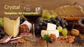  Presentation with red wine cheese - Presentation featuring red wine with grapes cheese bread and salami background and a tawny brown colored foreground