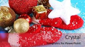  Presentation with winter blue - Slide deck having red winter mittens with christmas toys on blue wooden table background and a red colored foreground