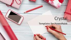  Presentation with greeting card - Beautiful theme featuring red wood - female writing xmas greeting card backdrop and a lemonade colored foreground